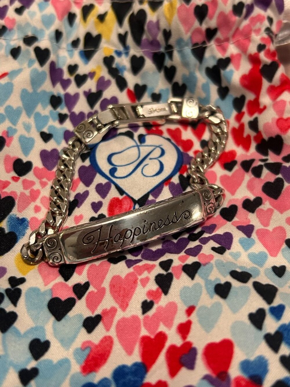 Vintage Brighton Silver Plated Happiness ID Bar Curb Chain Bracelet